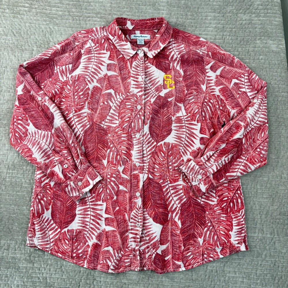 Tommy Bahama USC Trojans Linen Shirt Mens XL Red Tropical Palm Leaf Button Down